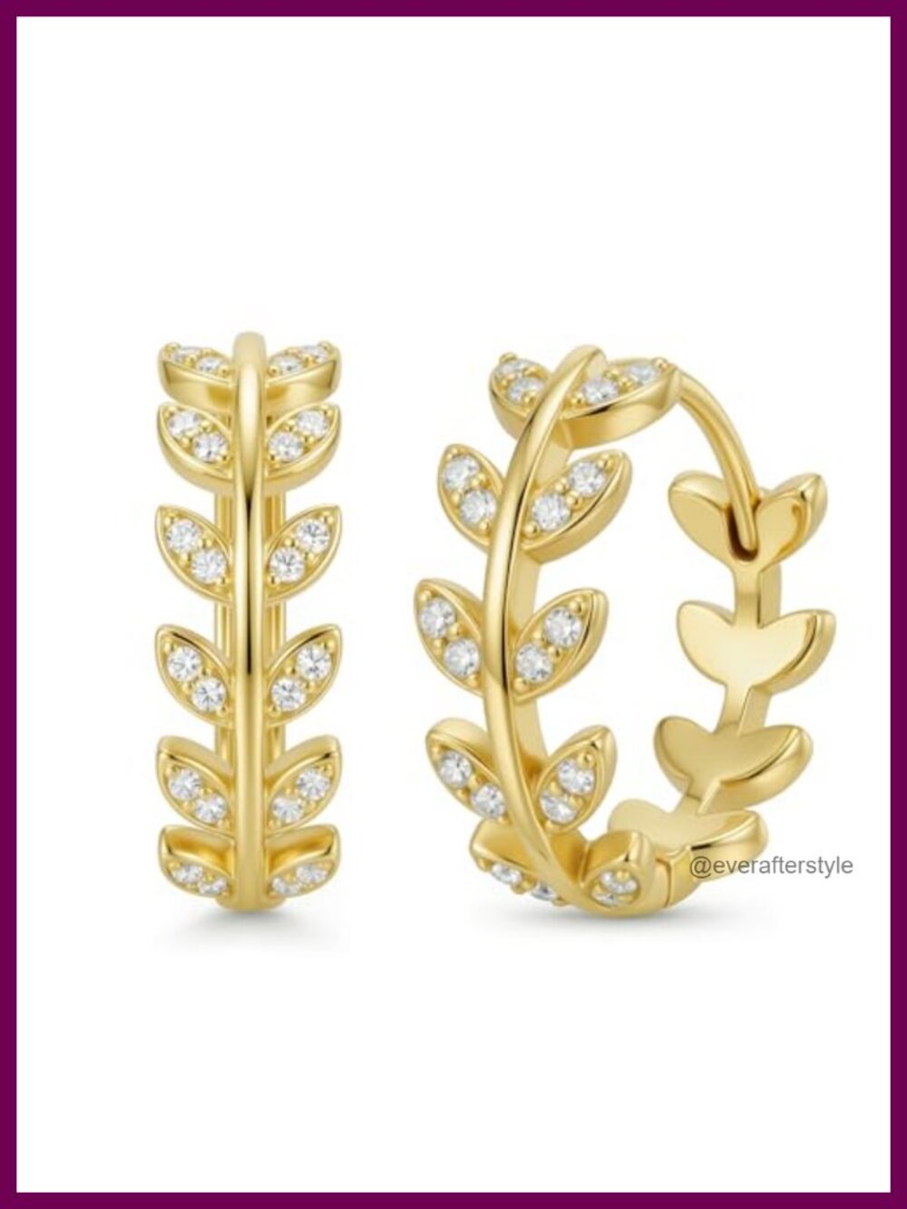 14K Gold Plated Leaf Huggie Hoop Earrings 20mm Botanical Vine